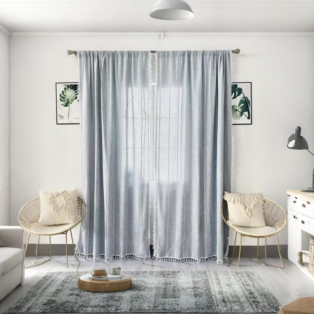 Amidoudou Striped Boho Curtain Pair Grayish Blue 54x96 Inch