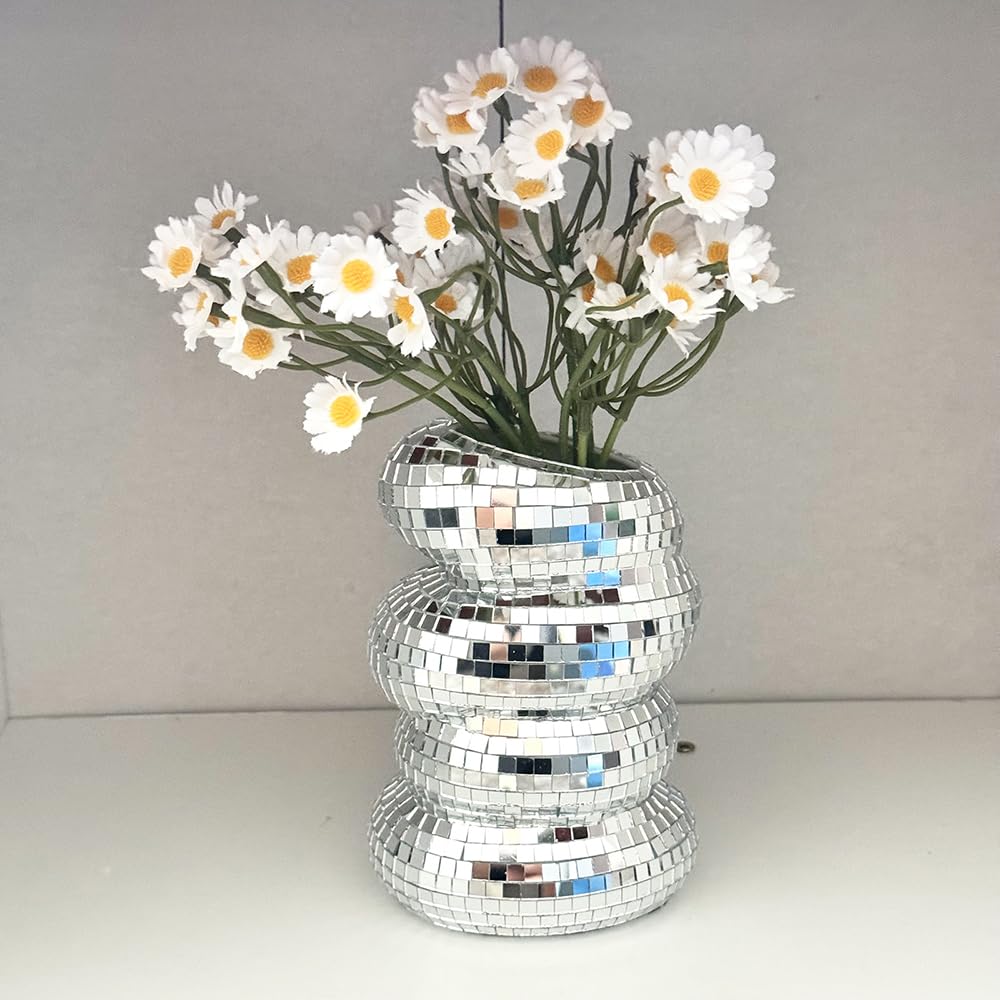 Disco Ball Spiral Vase with Silver Mirror Tiles