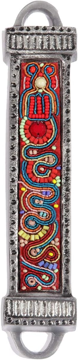 YourHolyLandStore Jewish Mezuzah Case - Embroidered Red Beads - Handmade Judaica Art