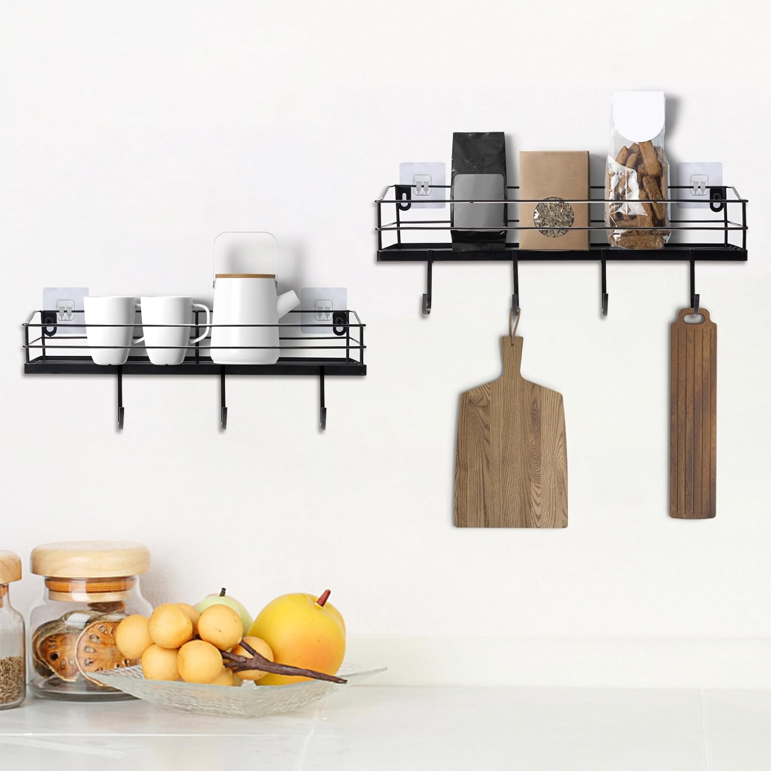 Lyeasw Black Floating Shelves Wall Mounted with 8 Hanging Hooks 2-Pack