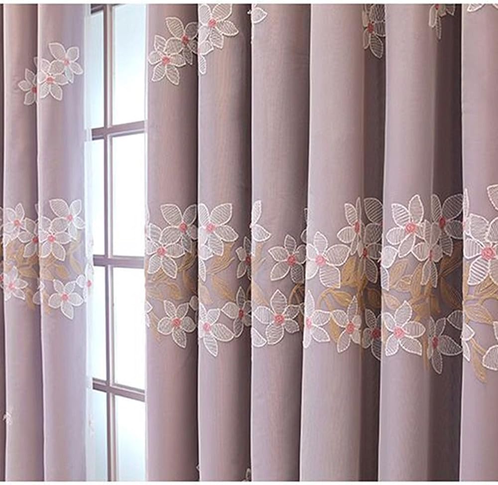 Amidoudou 1 Pair Double Layer Flower Curtains With Valance - Purple 54x84 Inch