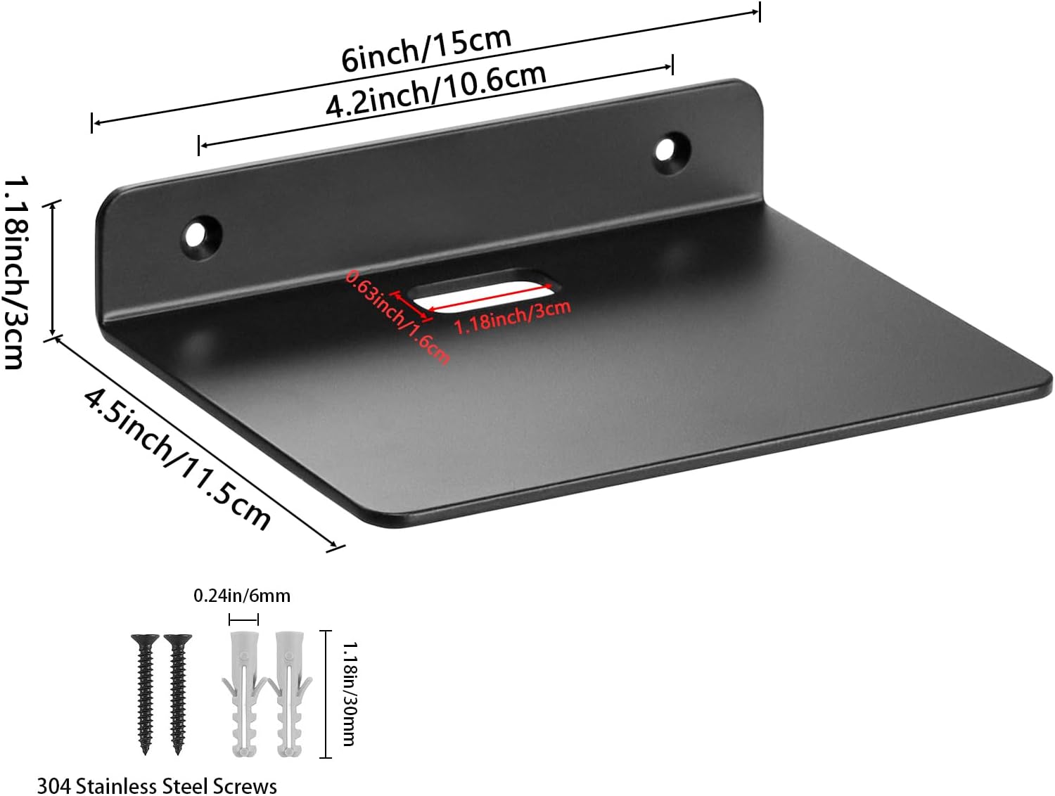 6 Inch Black Floating Shelf for Wall 30mm Thick Aluminum Alloy