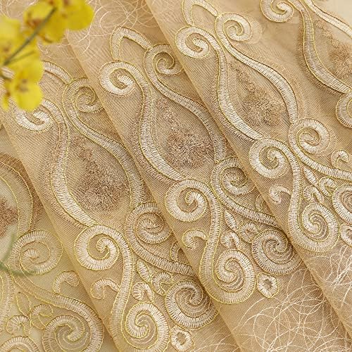 Amidoudou 1 Pair Gold Jacquard Sheer Curtains 51x90 Inch