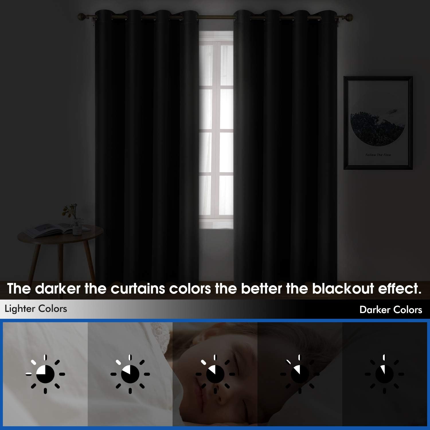 HOMEIDEAS 2 Panel Dark Grey Faux Silk Blackout Curtains