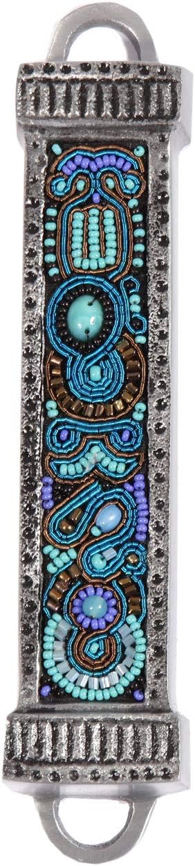YourHolyLandStore Jewish Mezuzah Case - Embroidered Turquoise Brown Beads - Handmade Judaica Art