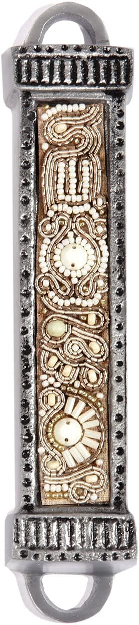 YourHolyLandStore Jewish Mezuzah Case - Embroidered Brown Beads - Hand Made Judaica Art 1