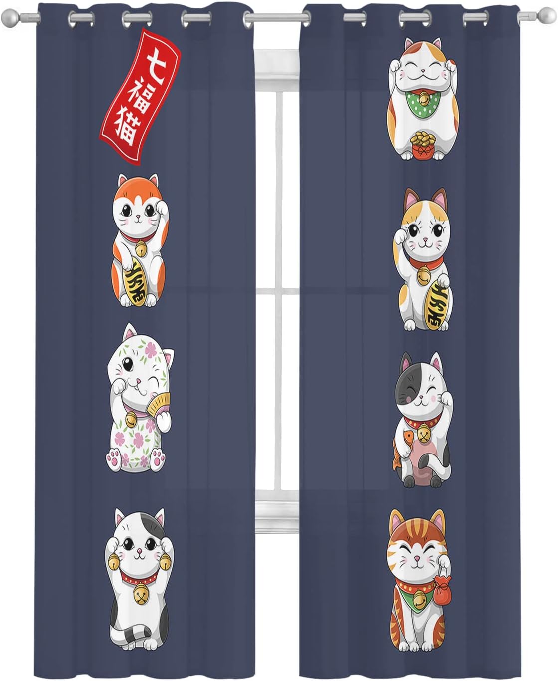 Japanese Noren Sheer Curtains 2 Panels Set with Lucky-Cats Print
