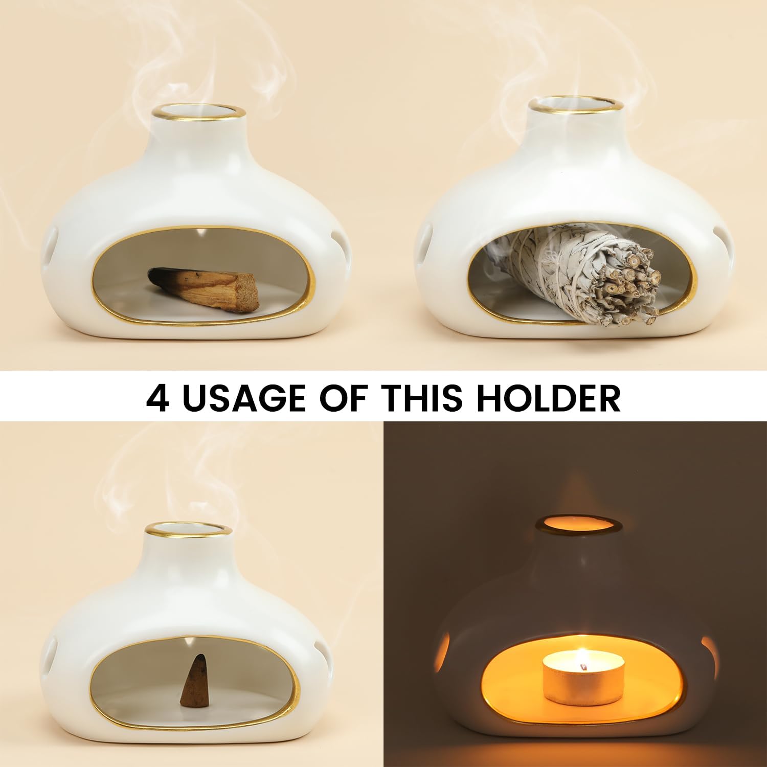 4 In 1 Palo Santo and Sage Burner Holder - White