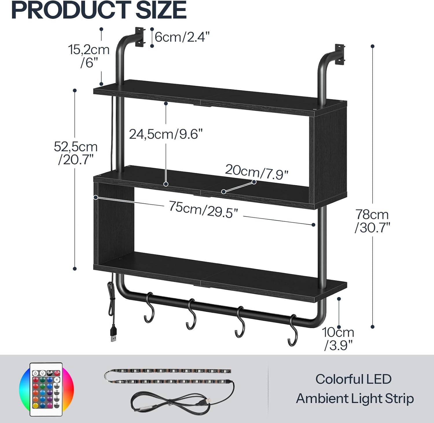 HOOBRO Floating Shelves with LED Lights 3-Tier