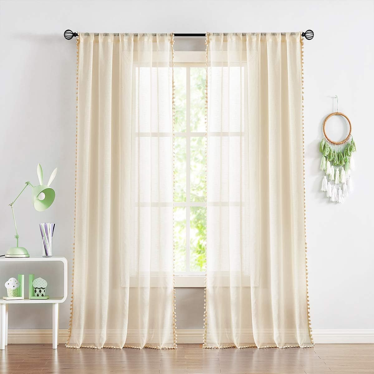 Treatmentex Sheer Linen-Look Curtains with Pom Pom Trim 2pcs