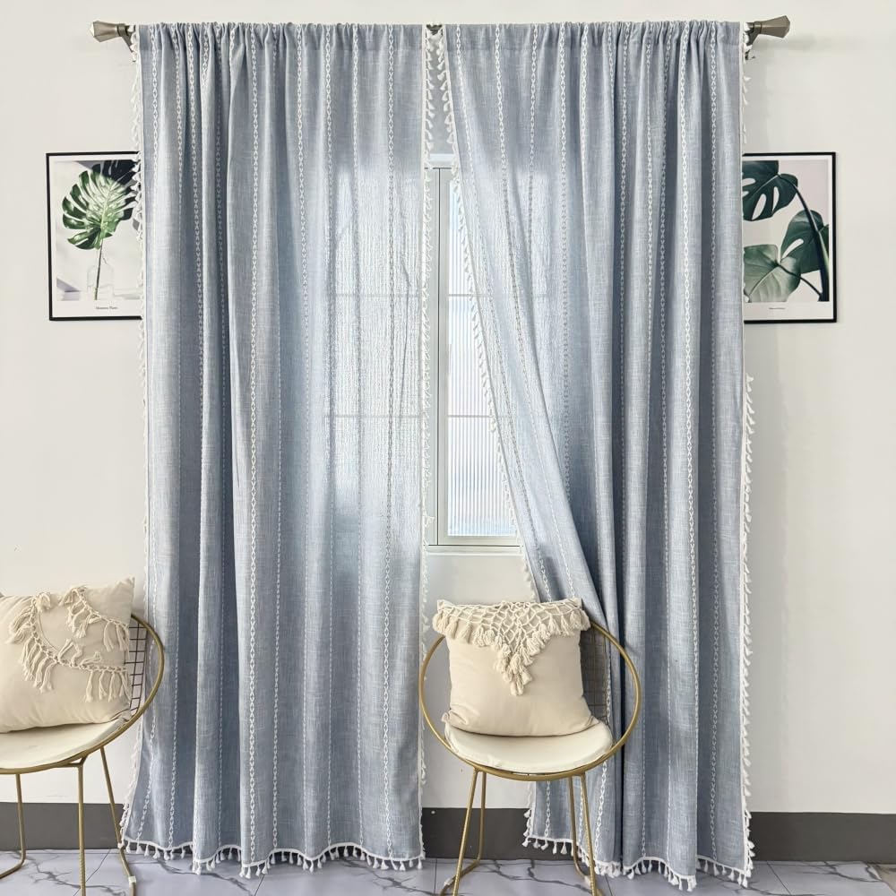 Amidoudou Striped Boho Curtain Pair Grayish Blue 54x96 Inch