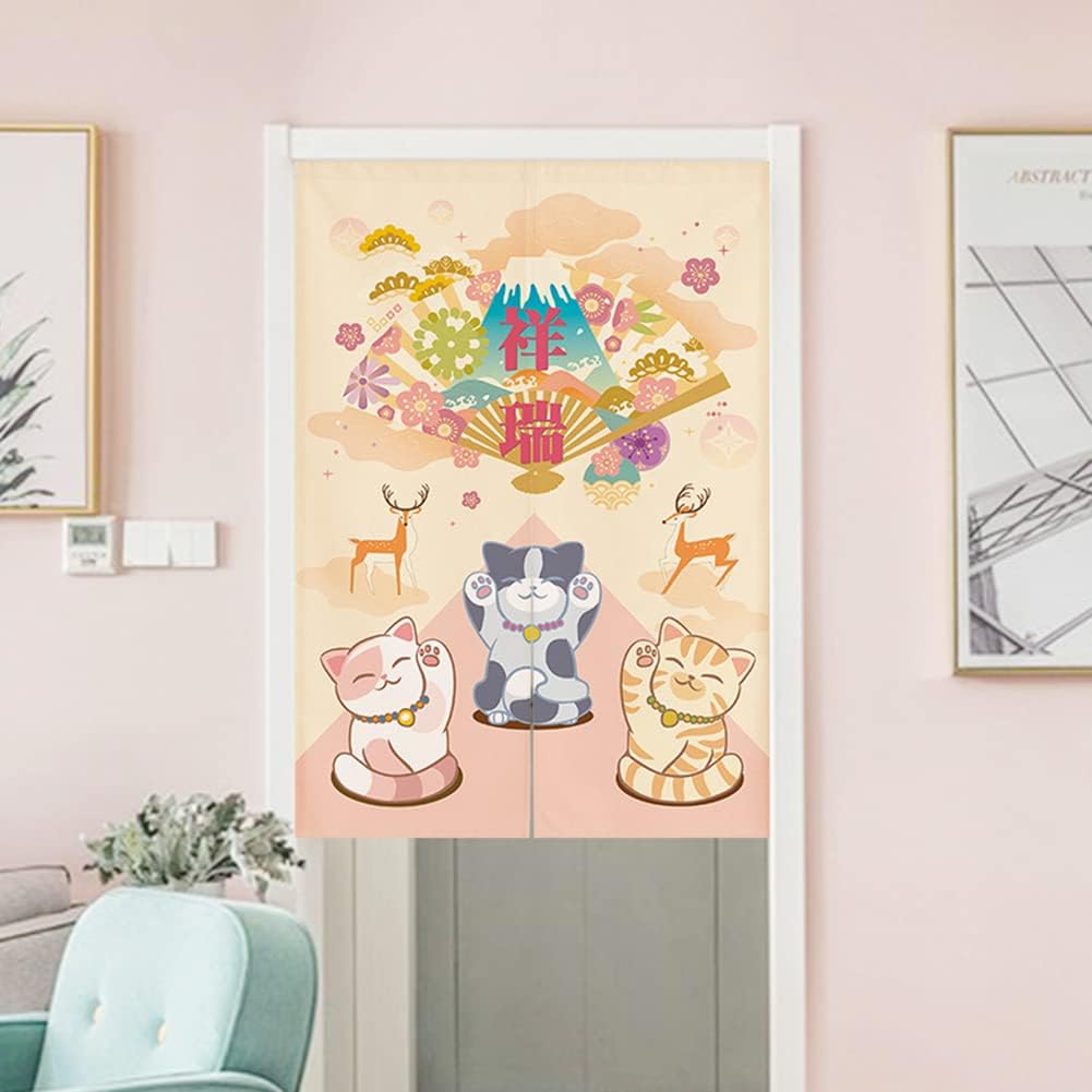 Japanese Noren Door Curtain with Maneki Neko Lucky Cat Design