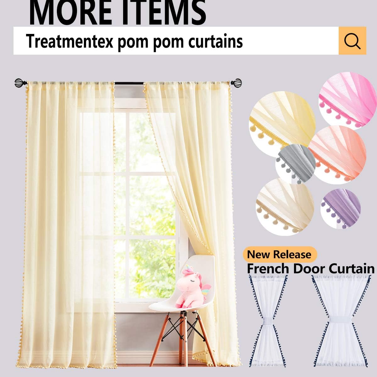 Treatmentex Sheer Linen-Look Curtains with Pom Pom Trim 2pcs
