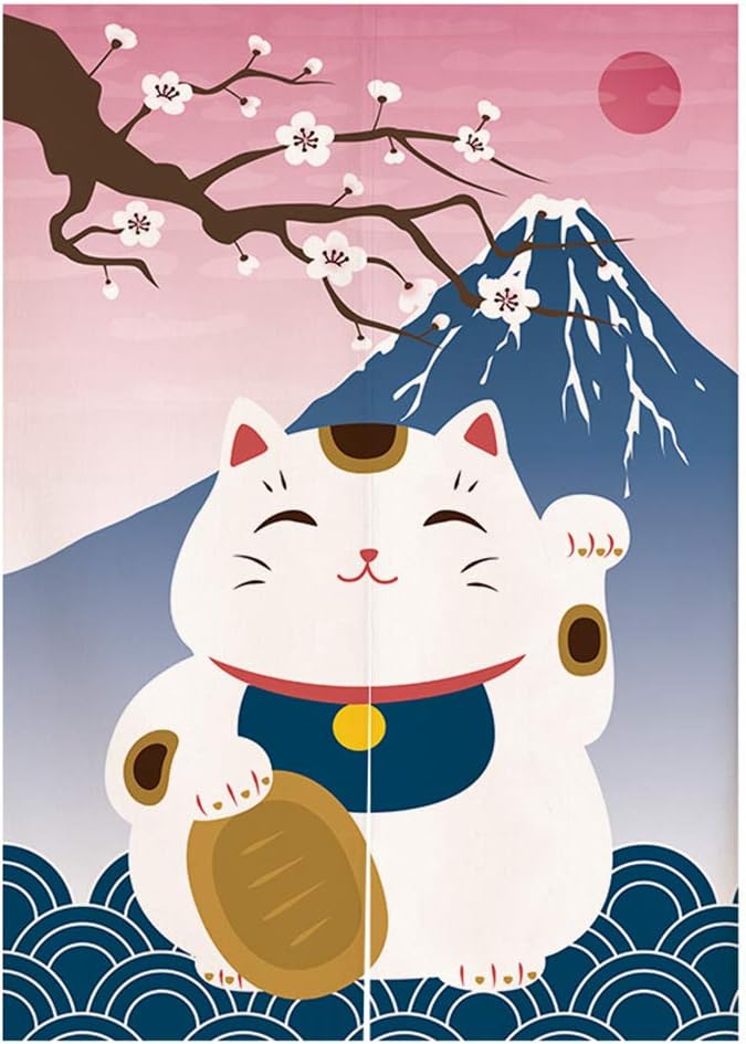 Japanese Noren Door Curtain with Maneki Neko and Mount Fuji Design