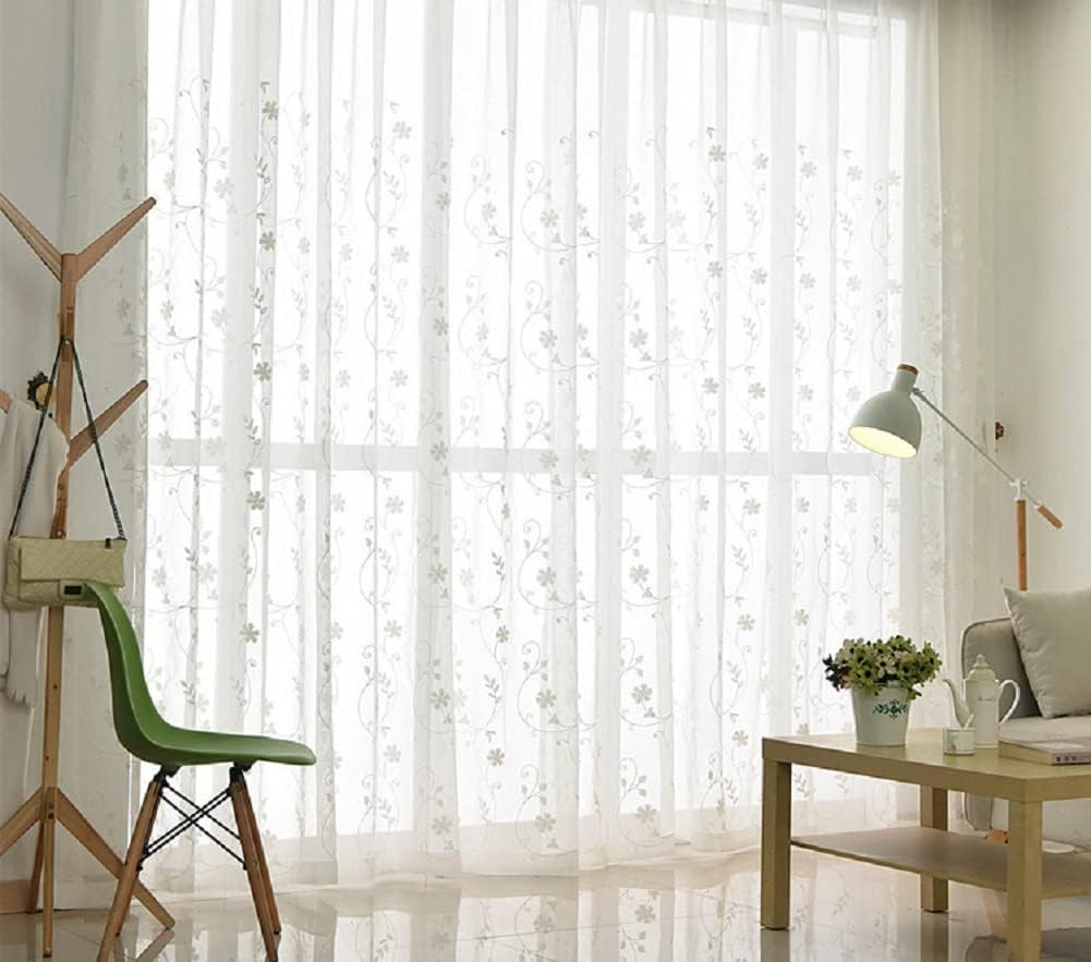 Iuokuby Semi Sheer Curtains with White Flowers 2 Panels