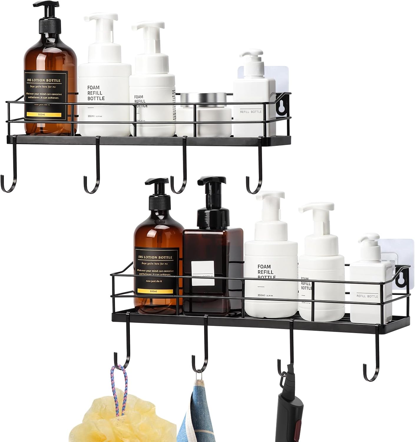 Lyeasw Black Floating Shelves Wall Mounted with 8 Hanging Hooks 2-Pack
