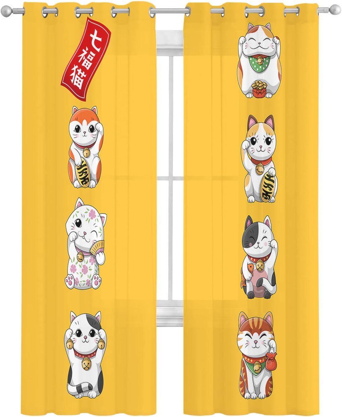Falaniique Lucky-Cats Sheer Curtains 2 Panels Set