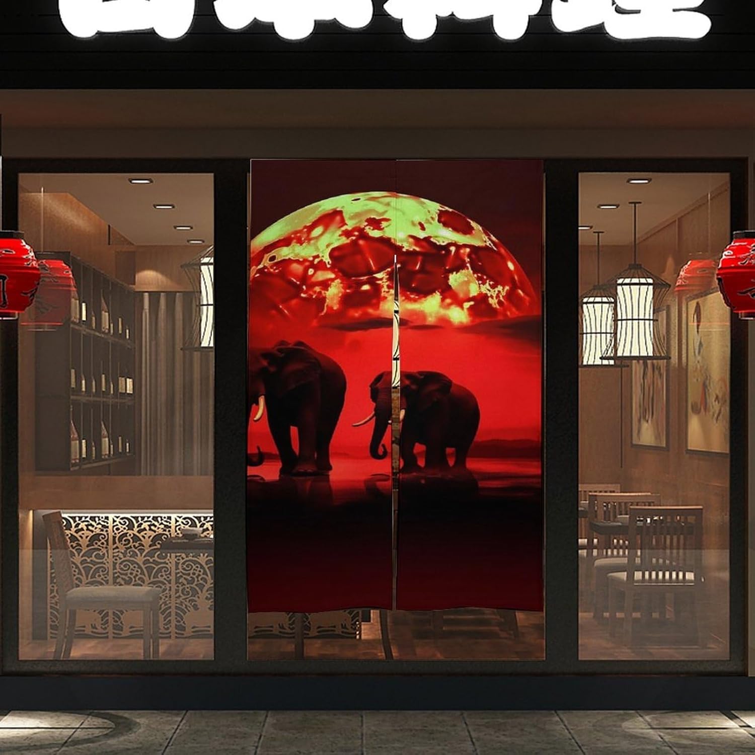 Red Full Moon Elephants Door Curtain 57x17 Inches
