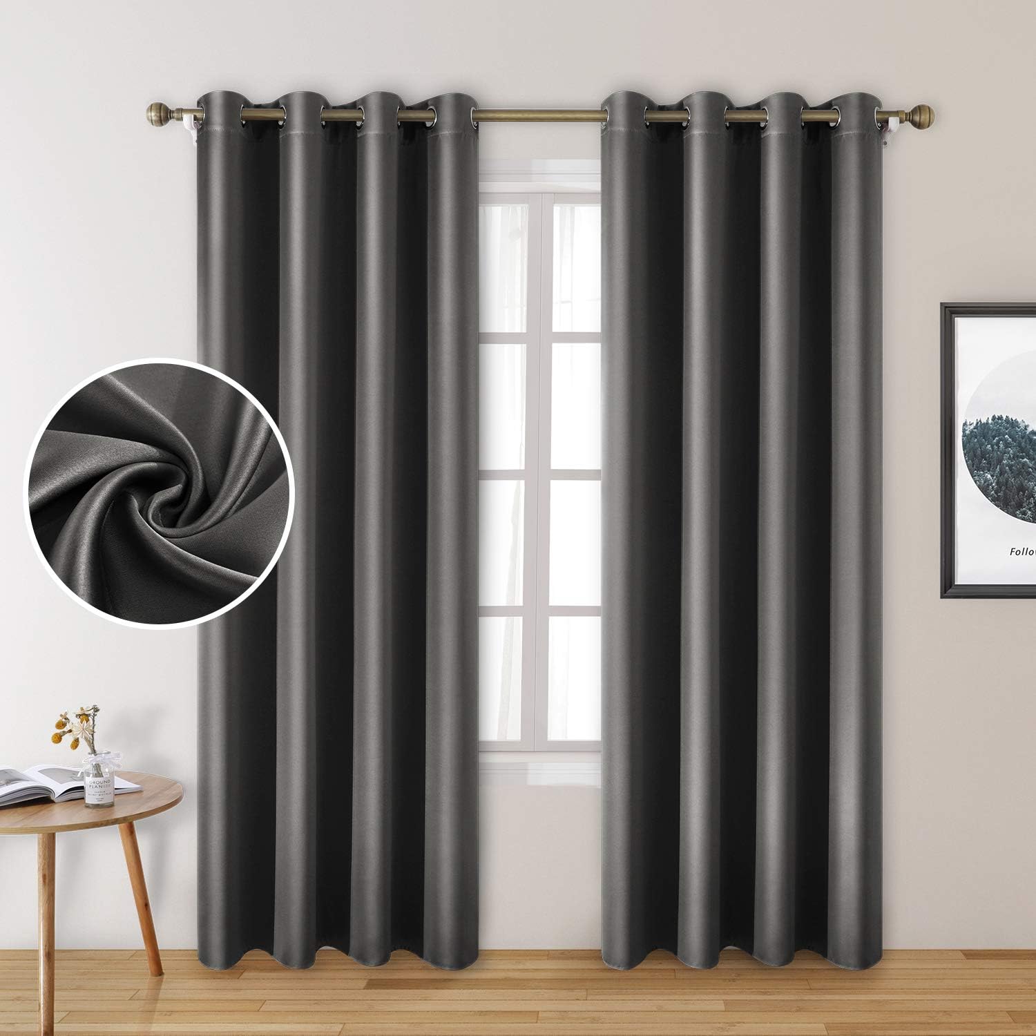 HOMEIDEAS 2 Panel Dark Grey Faux Silk Blackout Curtains