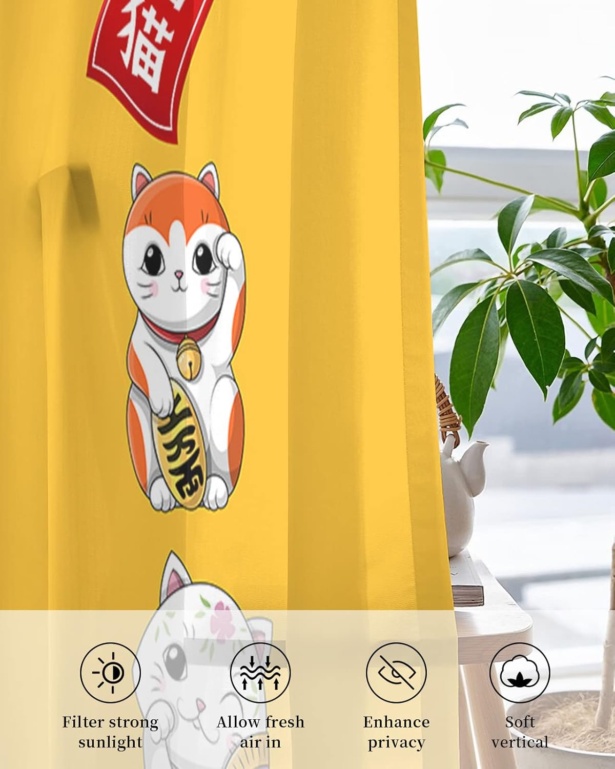 Falaniique Lucky-Cats Sheer Curtains 2 Panels Set