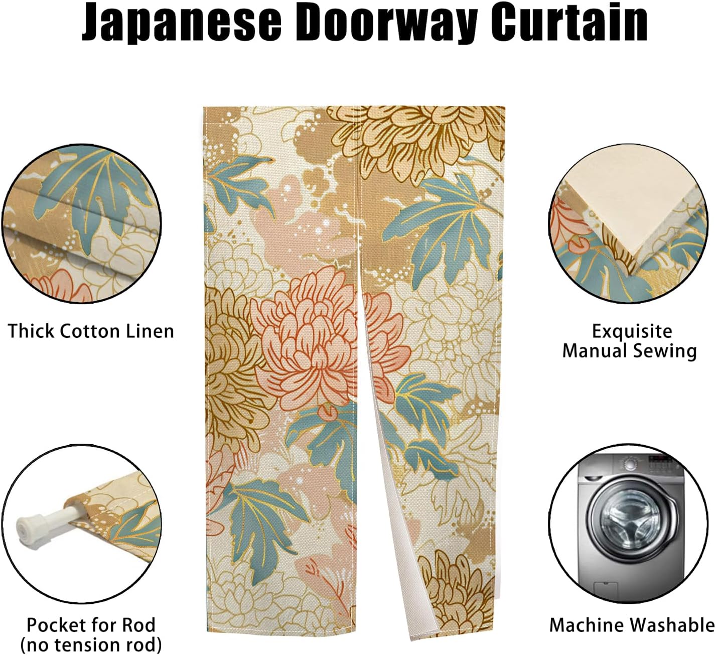 Boho Style Noren Doorway Curtain with Flowers Design