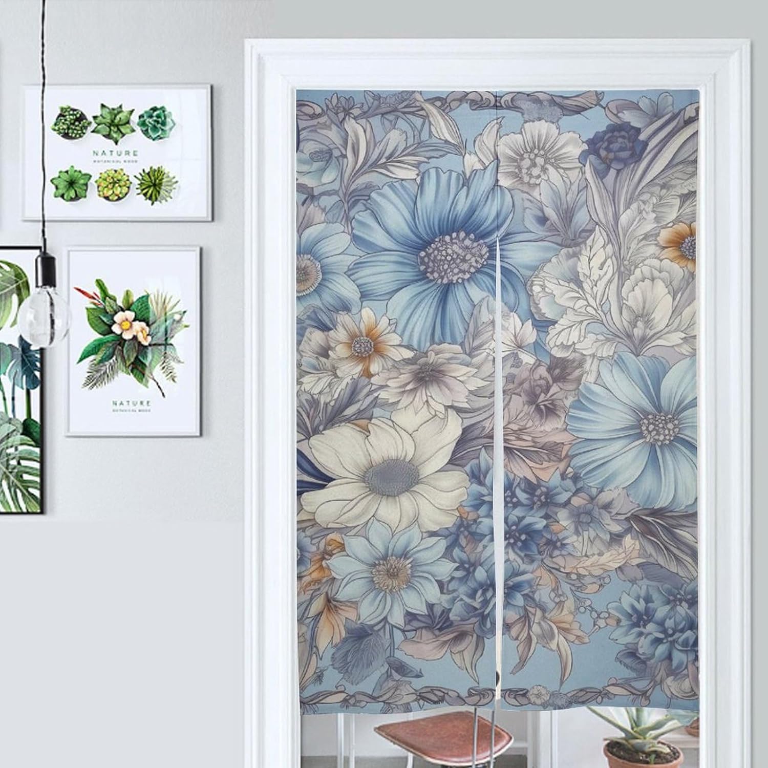 Japanese Noren Door Curtain with Hand Painted Flowers Design