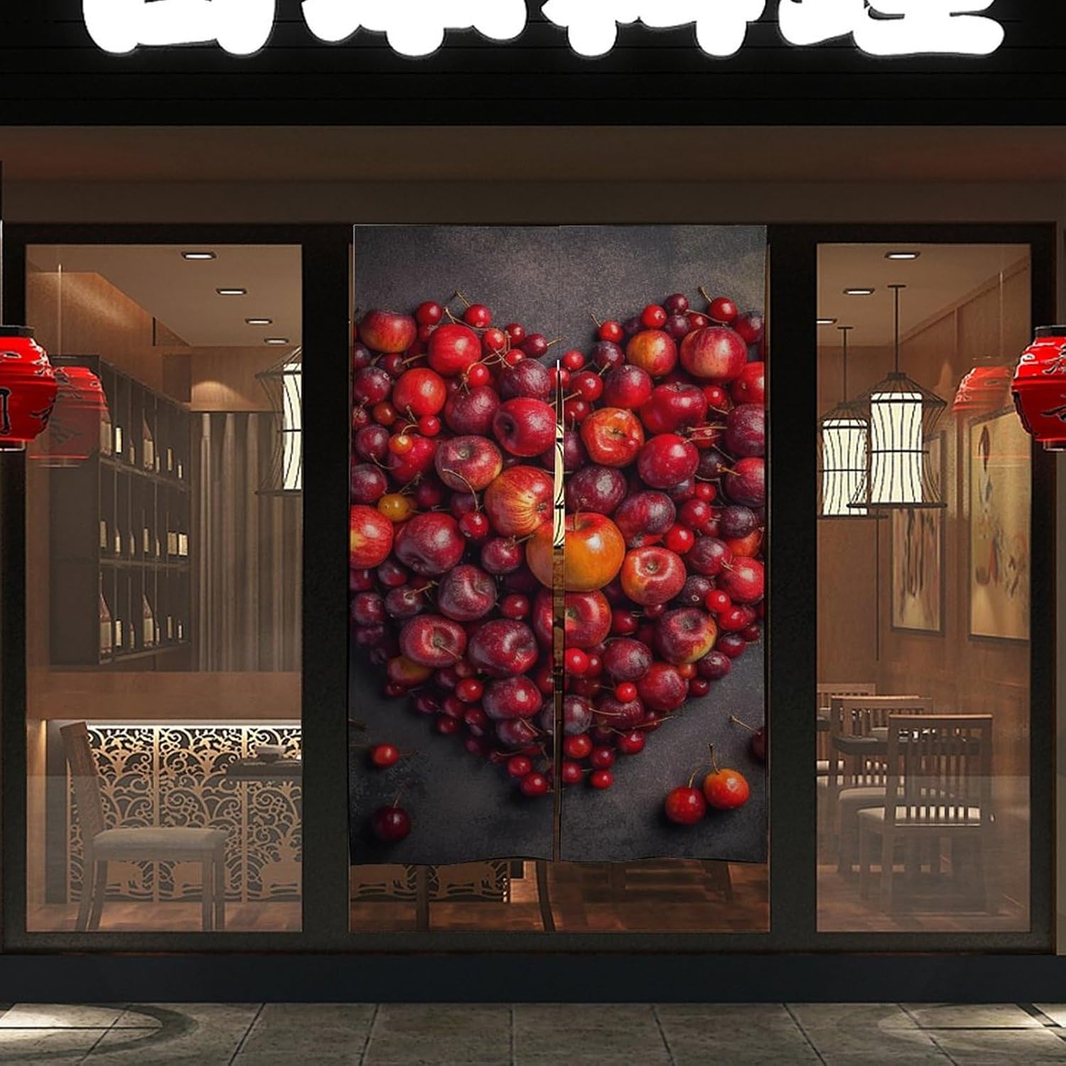 Japanese Heart Shape Door Curtain with Red Fruit Print