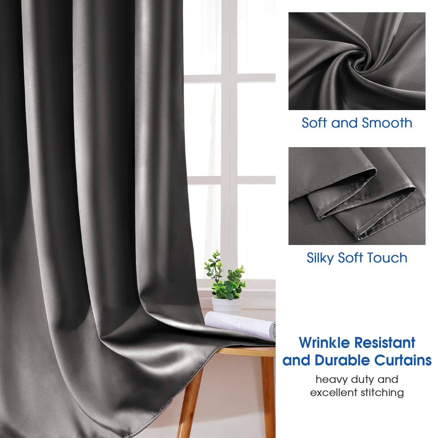 HOMEIDEAS 2 Panel Dark Grey Faux Silk Blackout Curtains