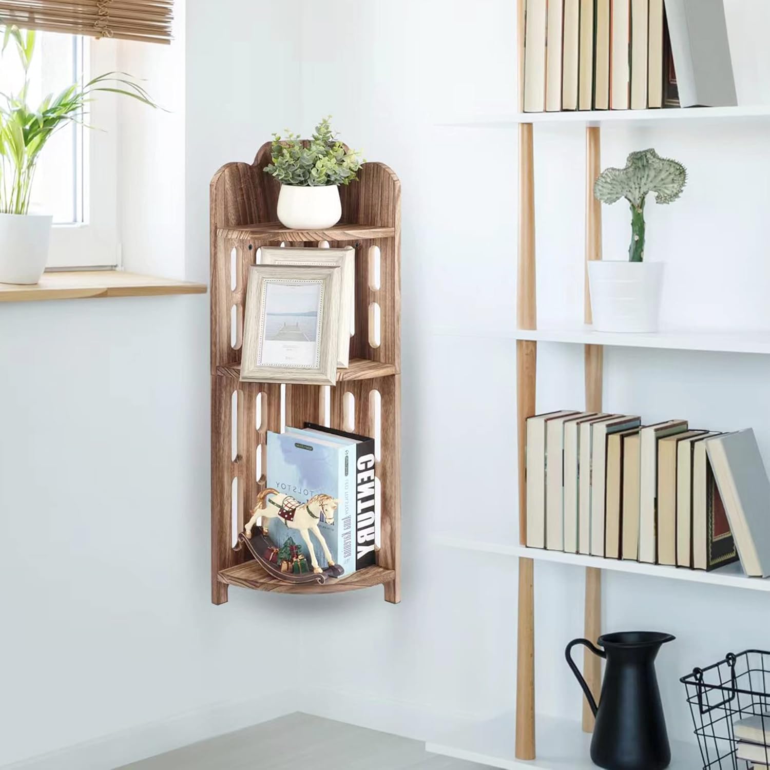 Meangood 3 Tier Solid Wood Corner Shelf Stand