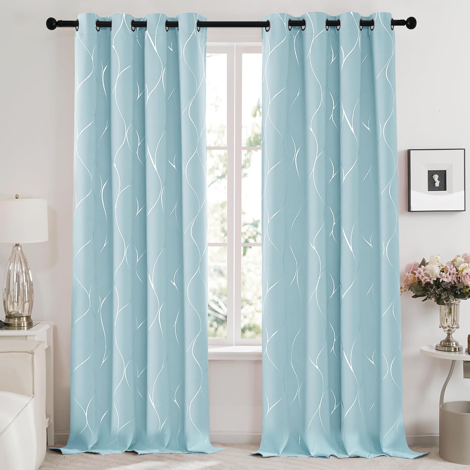 Deconovo Blackout Curtains with Silver Wave Design