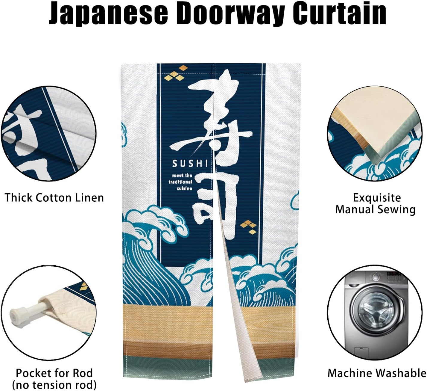Japanese Noren Door Curtain with Sushi Print for Home Divider