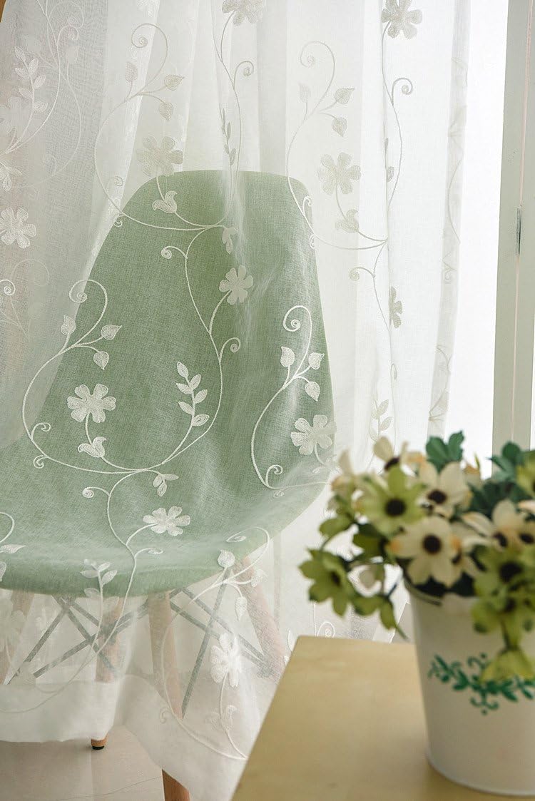 Iuokuby Semi Sheer Curtains with White Flowers 2 Panels