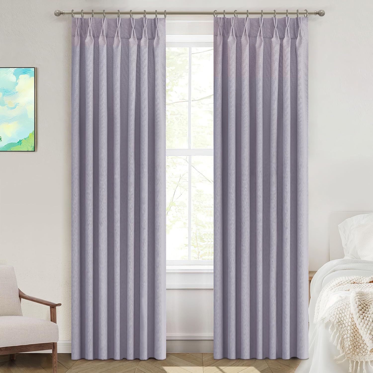 Light Grey Blackout Pinch Pleated Linen Curtains 2 Panels Set 90 Inches