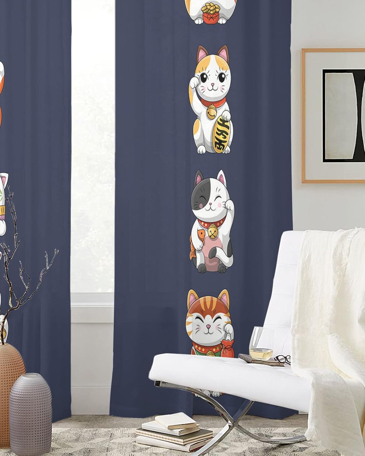 Japanese Noren Sheer Curtains 2 Panels Set with Lucky-Cats Print
