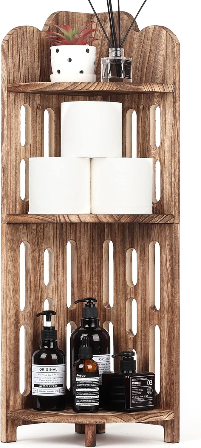 Meangood 3 Tier Solid Wood Corner Shelf Stand