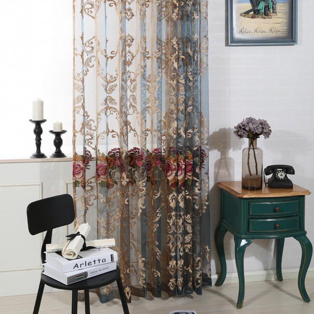 Pureaqu Luxury Flower Pattern Embroidered Voile Curtains