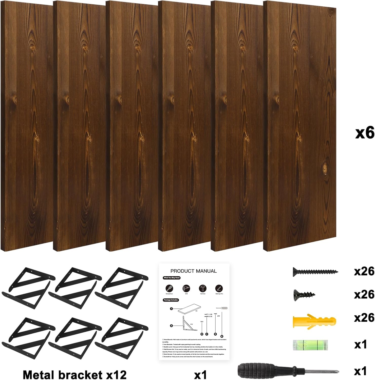 YGEOMER 165 Inch Floating Shelves Set of 6 Dark Carbonized Pine