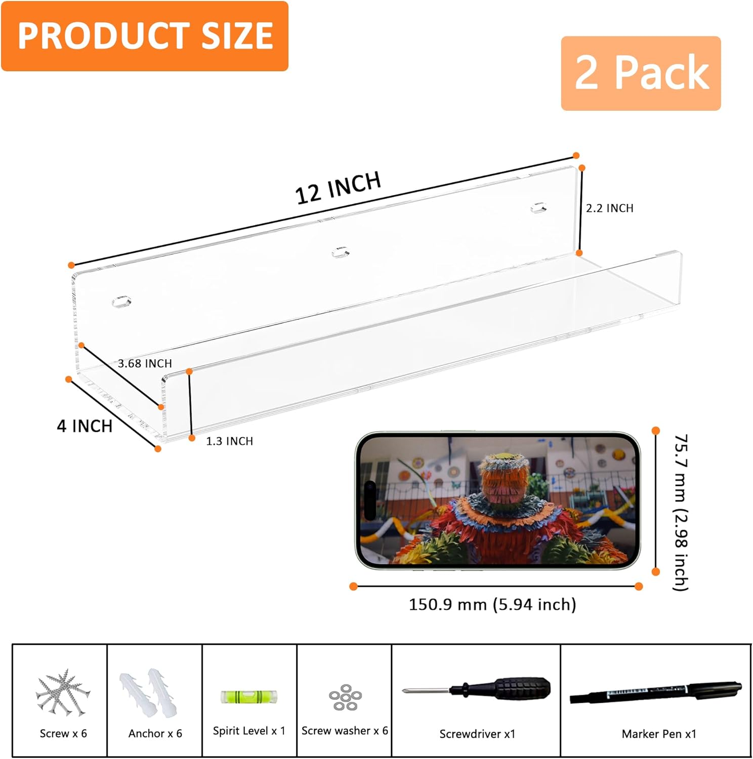 12 Inch Clear Acrylic Wall Shelf 2 Pack Floating Shelves