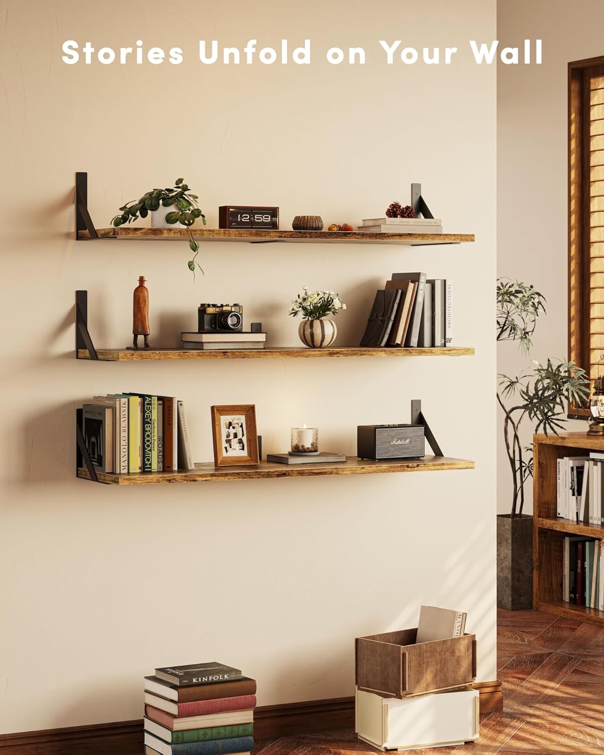 Rustic Brown Floating Book Shelves 36 Inches Deep