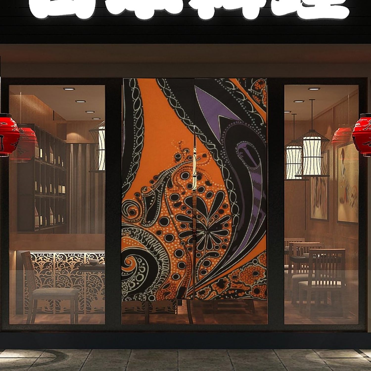 Japanese Noren Door Curtain with Orange Purple Pattern