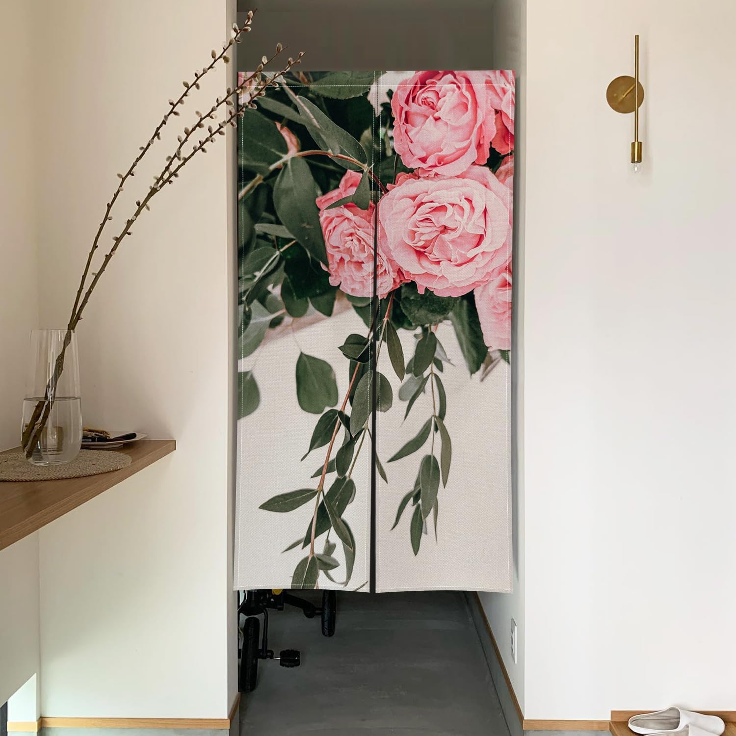 Japanese Noren Door Curtain with Bloomy Rose Print
