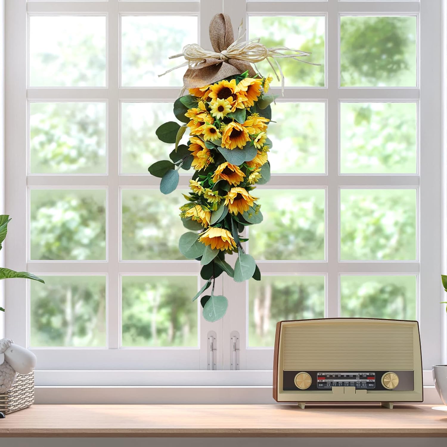 Belupai Artificial Sunflower Teardrop Swag for Front Door