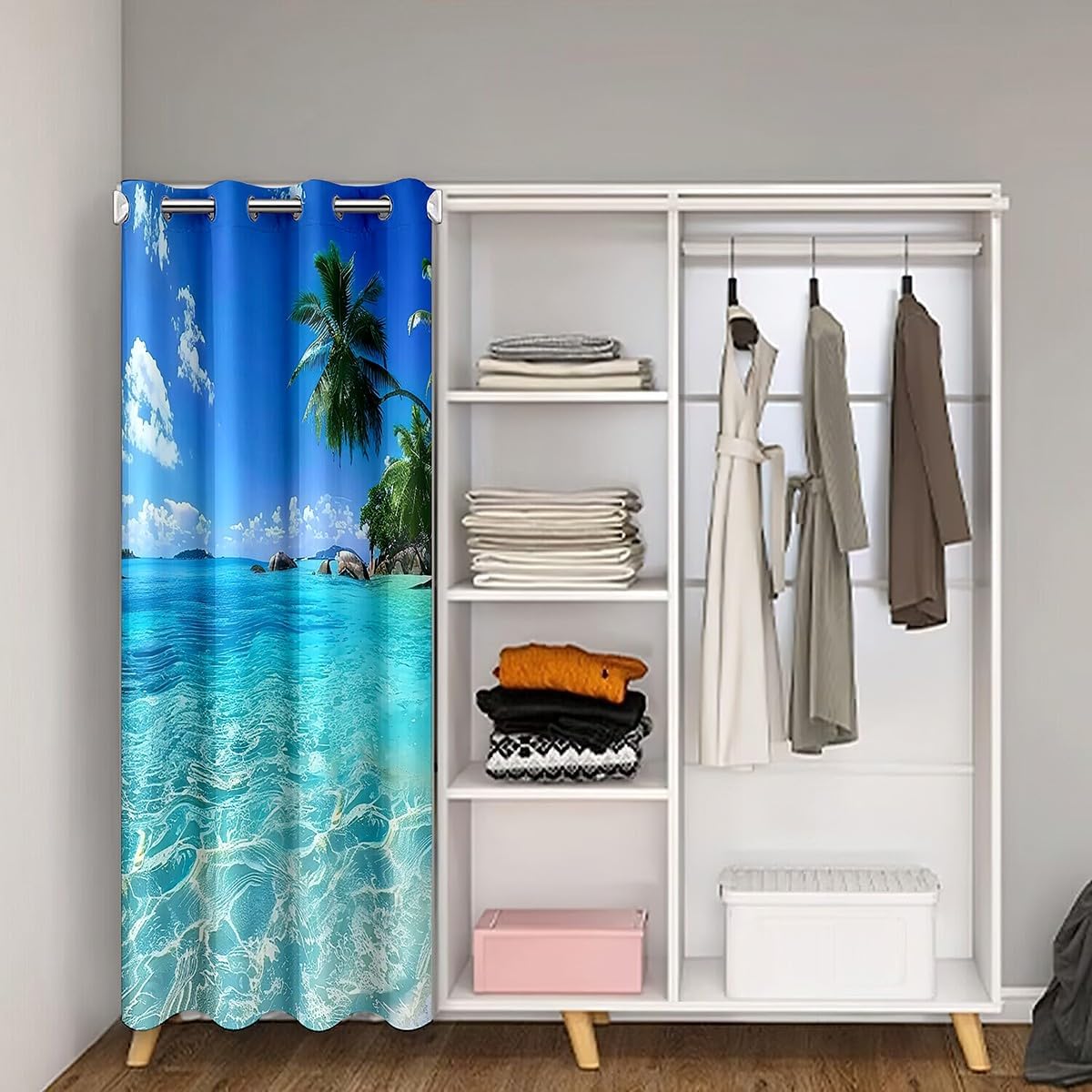 Ocean Door Curtain with Palm Leaves Print
