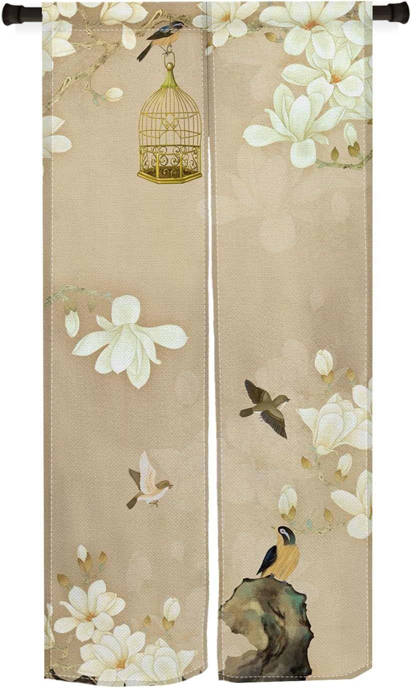 Japanese Noren Door Curtain with White Flowers and Birdcage Design