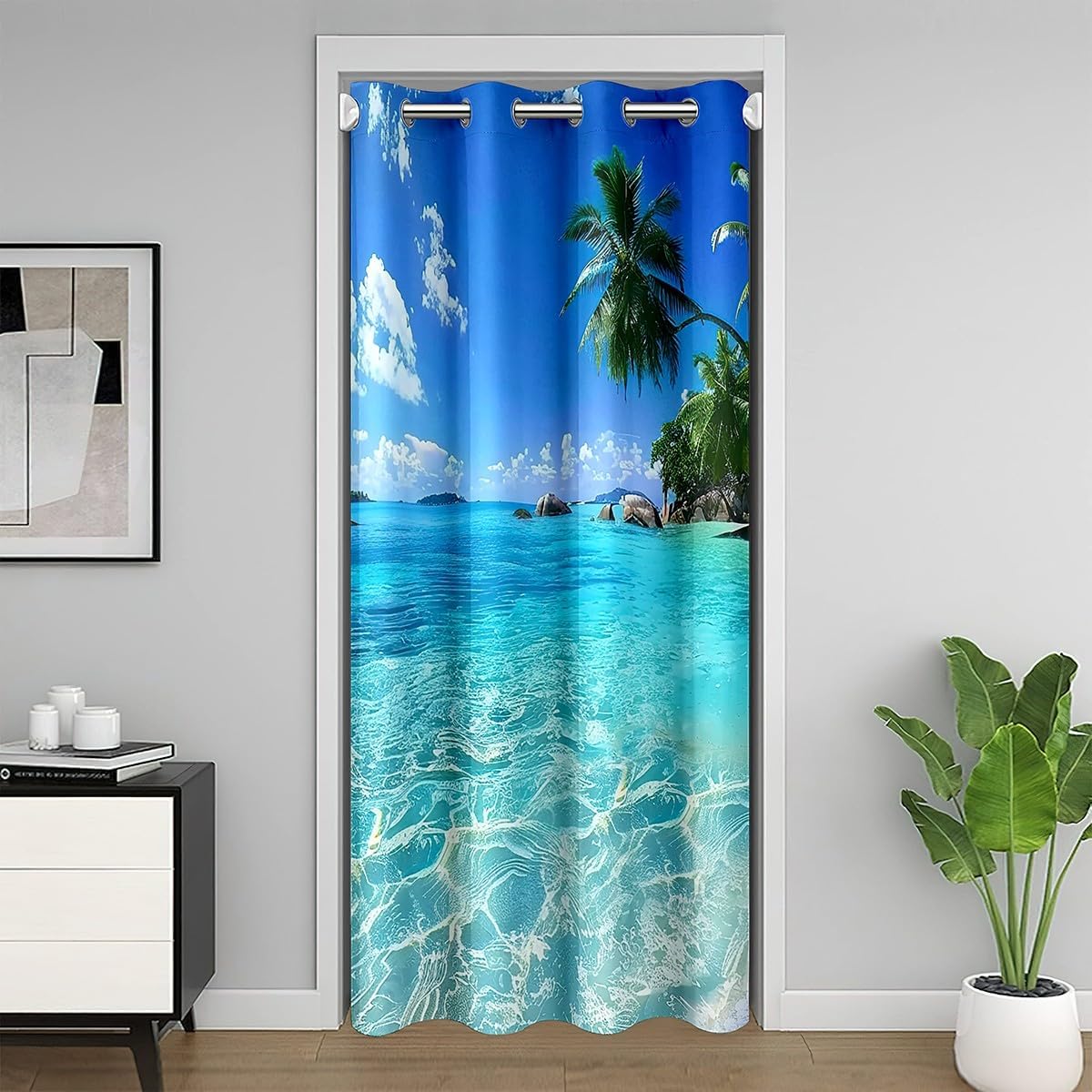 Ocean Door Curtain with Palm Leaves Print