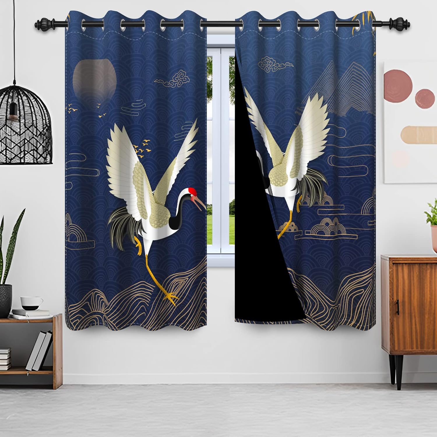 Japanese Style Window Curtains with Flying Crane Gold Pattern