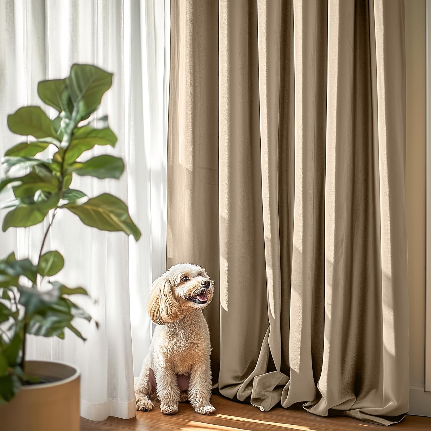 Lazzzy Velvet Curtain Beige Thermal Insulated Drapes 96 Inch Set of 2
