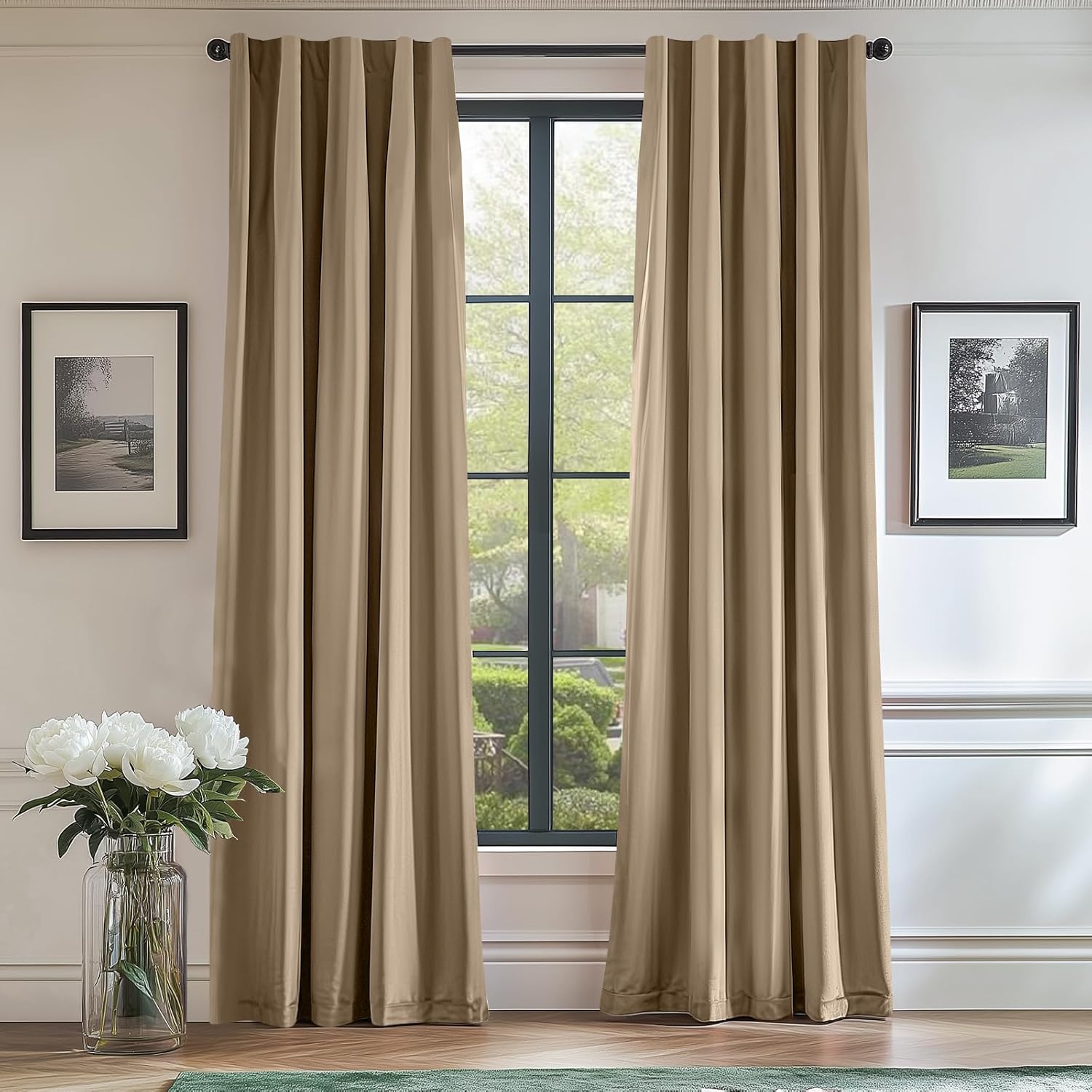 Lazzzy Velvet Curtain Beige Thermal Insulated Drapes 96 Inch Set of 2