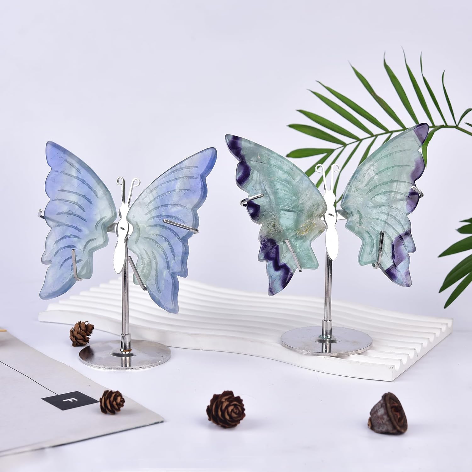 JIC Gem Blue Fluorite Crystal Butterfly Sculpture with Stand