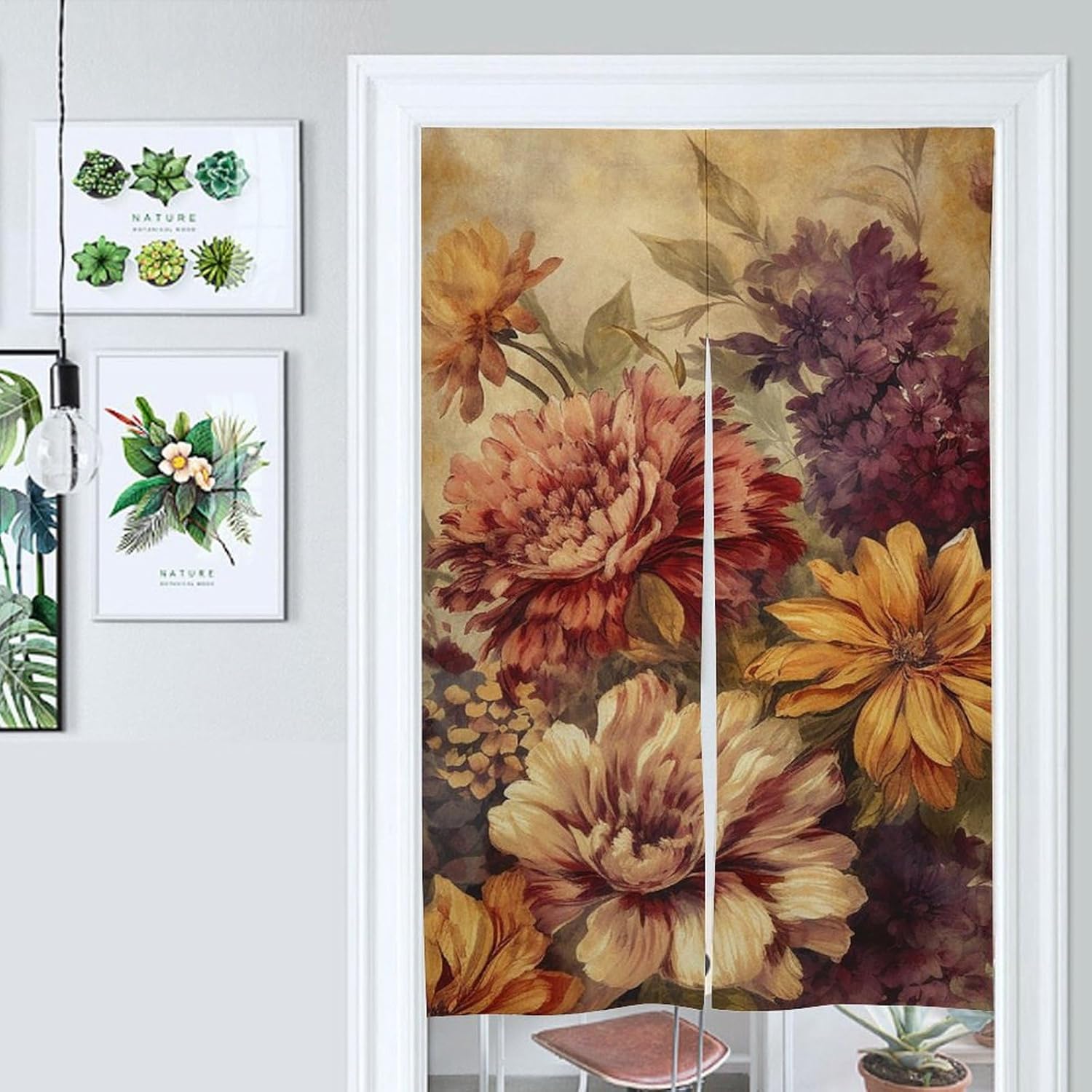 Japanese Noren Door Curtain with Yellow and Red Flowers Print